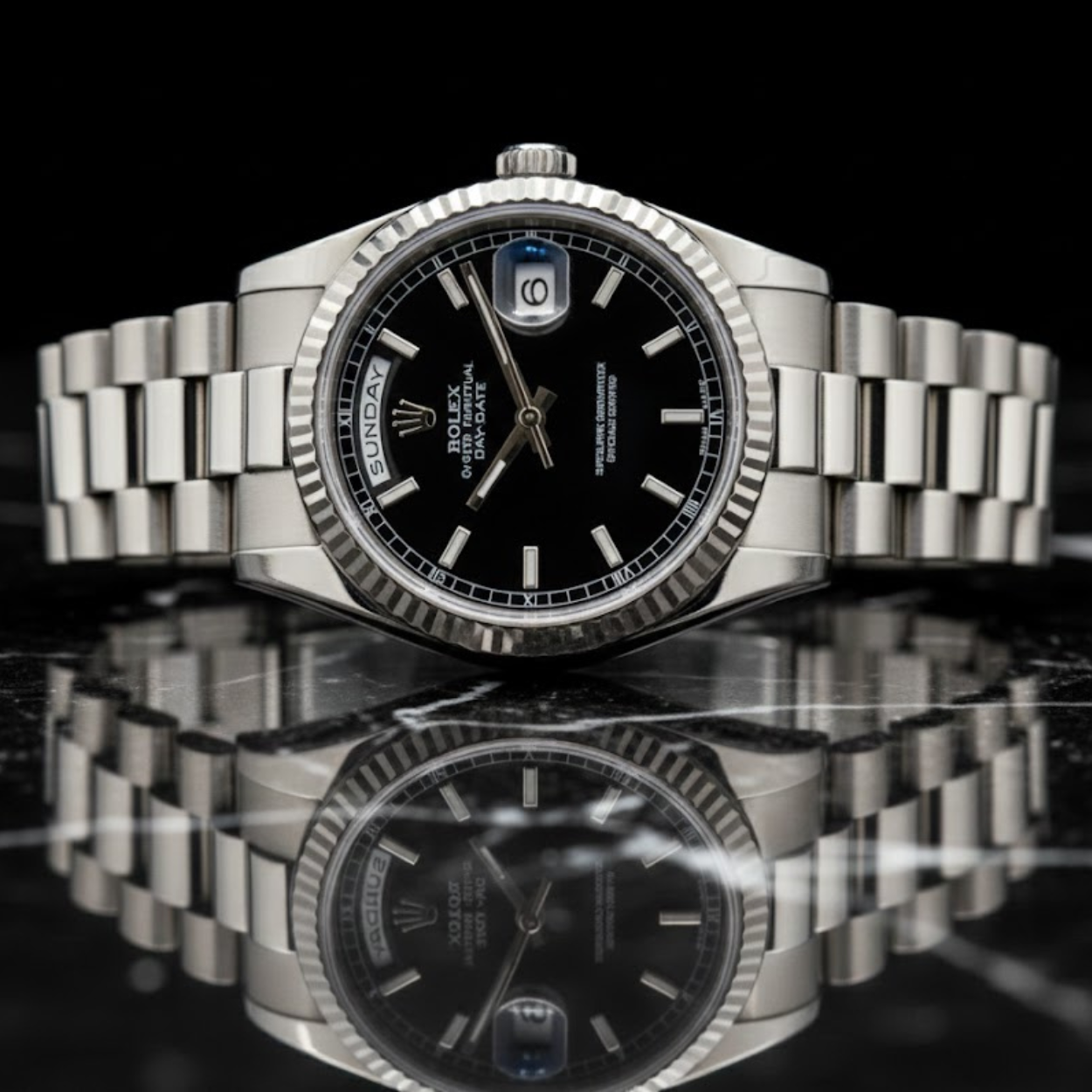 Rolex Day-Date 36 Everose Gold Index Black Dial